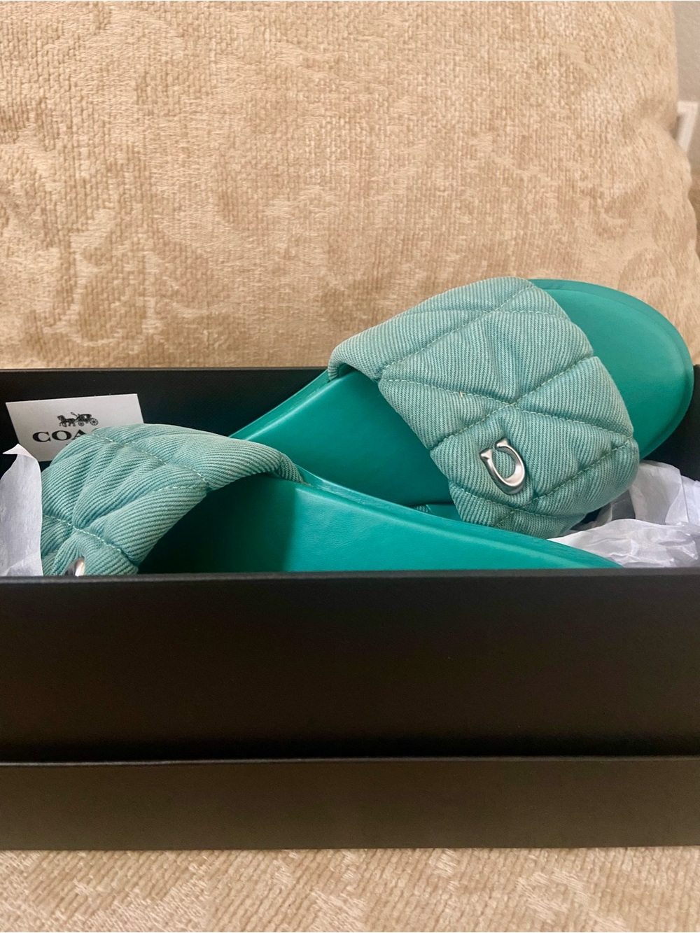 New never worn- Size 6.5 Coach Quilted Slide Sandals in Teal Green